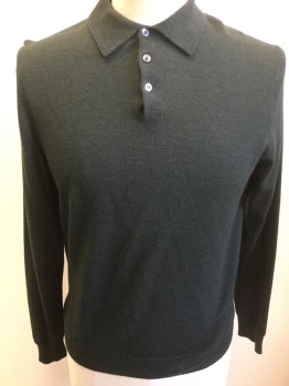 Mens, Pullover Sweater, JOSEPH & LYMAN, Forest Green, Wool, Solid, 42, Large, Polo, 3 Buttons,  Long Sleeves,