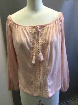 Womens, Top, H&M, Ballet Pink, Polyester, Solid, M, Peasant Style, 3/4 Sleeves, Elastic Neck, Crochet Wide Front Band W/tie