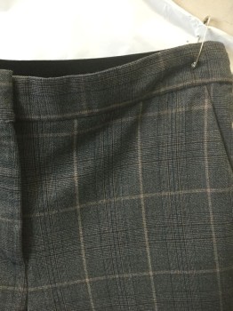 Womens, Slacks, ZARA, Gray, Beige, Charcoal Gray, Polyester, Viscose, Plaid-  Windowpane, S, Gray with Beige and Charcoal Windowpane, Mid Rise, Tapered Leg, 1" Wide Black Elastic Panel at Center Back Waist, Zip Fly, 4 Pockets