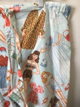Mens, Sleepwear PJ Bottom, THE CAT'S PAJAMAS, Lt Blue, Multi-color, Cotton, Human Figure, Novelty Pattern, S, Pale Blue with Pin Up Retro 1950's Girls Paper Dolls Pattern, Drawstring Waist