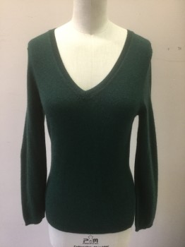 Womens, Pullover, C BY BLOOMINGDALES, Forest Green, Cashmere, Solid, XS, Knit, Long Sleeves, V-neck