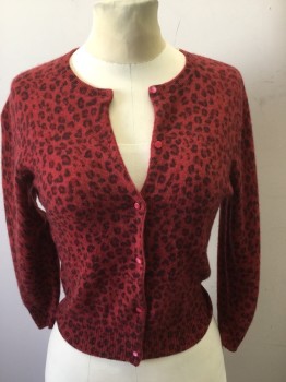 AUTUMN CASHMERE, Cranberry Red, Black, Cashmere, Animal Print, Crew Neck, 3/4 Sleeve, Red Pearl Buttuns