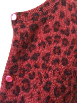 AUTUMN CASHMERE, Cranberry Red, Black, Cashmere, Animal Print, Crew Neck, 3/4 Sleeve, Red Pearl Buttuns