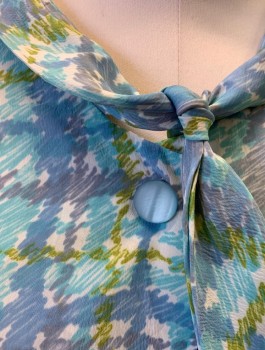 N/L, Lt Blue, Powder Blue, White, Lime Green, Nylon, Abstract , Plaid-  Windowpane, Short Sleeves, Round Shawl Neck with Self Tie Bow at Center Front, Frosted Periwinkle Buttons, Hidden Snap Closures, Boxy Fit,