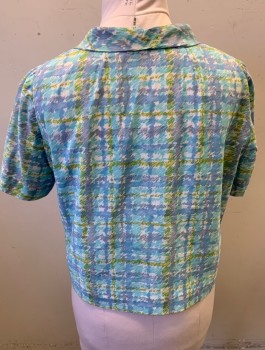 Womens, Blouse, N/L, Lt Blue, Powder Blue, White, Lime Green, Nylon, Abstract , Plaid-  Windowpane, B:42, Short Sleeves, Round Shawl Neck with Self Tie Bow at Center Front, Frosted Periwinkle Buttons, Hidden Snap Closures, Boxy Fit,