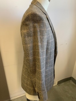 Mens, Sportcoat/Blazer, BROOKS BROTHERS, Cream, Chestnut Brown, Black, Wool, Cupro, Glen Plaid, 42R, Single Breasted, Notched Lapel, 2 Buttons, 3 Pockets, 1 VentFc064631