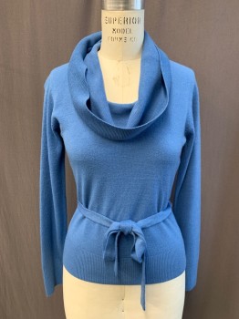 STEPHANIE ROGERS, French Blue, Acrylic, Solid, Cowl,  Turtleneck, Long Sleeves, Ribbed Knit Neck/Waistband/Cuff, Self Belt