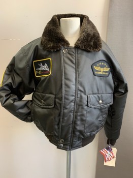 ROTHCO, Dk Brown, Black, Gold, Yellow, Red, Synthetic, Polyester, Solid, Patchwork, Aviator Flight Jacket, Military Bomber, Poly Filled Polyurethane Shell, Dk Brown Faux Fur Lined Collar, Zip Front, , 4 Pockets, Assorted Military Patches,