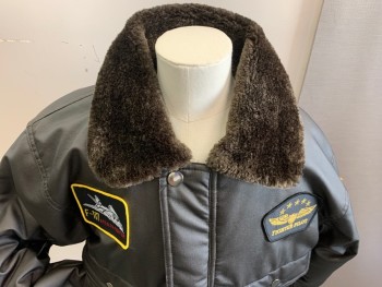 ROTHCO, Dk Brown, Black, Gold, Yellow, Red, Synthetic, Polyester, Solid, Patchwork, Aviator Flight Jacket, Military Bomber, Poly Filled Polyurethane Shell, Dk Brown Faux Fur Lined Collar, Zip Front, , 4 Pockets, Assorted Military Patches,