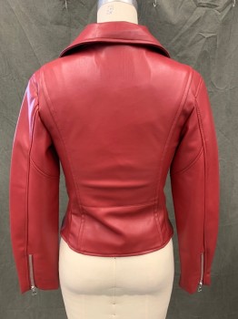 ZARA, Dk Red, Faux Leather, Solid, Motorcycle Style Jacket, Zip Front, Collar Attached, Notched Lapel, 4 Pockets, Zip Cuff, Attached Half Buckle Belt with Belt Loops