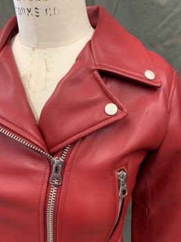 ZARA, Dk Red, Faux Leather, Solid, Motorcycle Style Jacket, Zip Front, Collar Attached, Notched Lapel, 4 Pockets, Zip Cuff, Attached Half Buckle Belt with Belt Loops