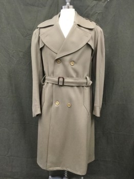 Mens, Coat, Trenchcoat, N/L, Taupe, Poly/Cotton, Solid, 42, Twill, Double Breasted, Large Collar Attached, 2 Panel Long Sleeves, Cuffs, Epaulets, 2 Flap Shoulder Panels, 2 Pockets, Back Vented Yoke, Self Belt