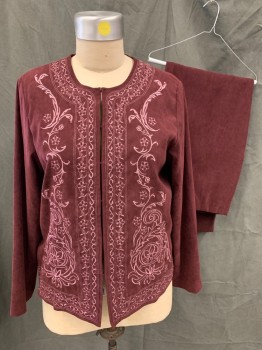 Womens, 1990s Vintage, Piece 1, SUSAN GRAVER STYLE, Red Burgundy, Lt Pink, Polyester, Spandex, Solid, B 49, Faux Suede Jacket, Light Pink/Silver Floral Embroidery/Trim, Hook & Eye Front, Scoop Neck, Long Sleeves,