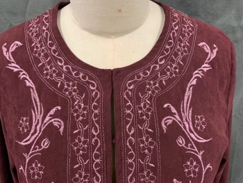 Womens, 1990s Vintage, Piece 1, SUSAN GRAVER STYLE, Red Burgundy, Lt Pink, Polyester, Spandex, Solid, B 49, Faux Suede Jacket, Light Pink/Silver Floral Embroidery/Trim, Hook & Eye Front, Scoop Neck, Long Sleeves,
