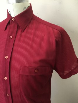 MAIN STREAM, Red Burgundy, Synthetic, Solid, Ribbed Texture Sheer, Short Sleeve Button Front, Collar Attached, 2 Patch Pockets with 1 Button Closure