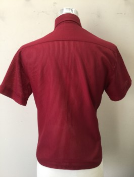 MAIN STREAM, Red Burgundy, Synthetic, Solid, Ribbed Texture Sheer, Short Sleeve Button Front, Collar Attached, 2 Patch Pockets with 1 Button Closure