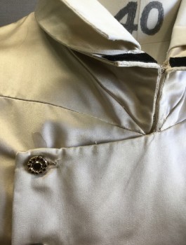 N/L MTO, Champagne, Silk, Solid, Satin, Double Breasted, Black and Gold Jeweled Buttons, Double Layered Collar, 2 Welt Pockets, Solid Black Panel in Back, 1800's Made To Order Reproduction