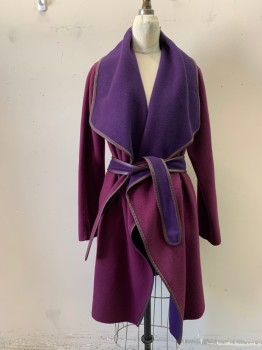 Womens, Coat, N/L, Aubergine Purple, Purple, Cashmere, Color Blocking, S, Shawl Collar with Purple Turnout, Open Front, Leather Trim, 2 Pockets, Long Sleeves, Self Belt,