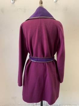 Womens, Coat, N/L, Aubergine Purple, Purple, Cashmere, Color Blocking, S, Shawl Collar with Purple Turnout, Open Front, Leather Trim, 2 Pockets, Long Sleeves, Self Belt,