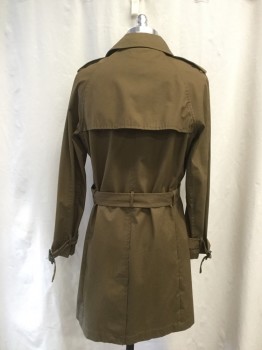 Mens, Coat, Trenchcoat, H&M, Brown, Cotton, Polyamide, Solid, 38, Double Breasted, Collar Attached, Epaulets, Buckle Belted Cuff, 2 Pockets, Flap Shoulder Panel, Vented Back Yoke