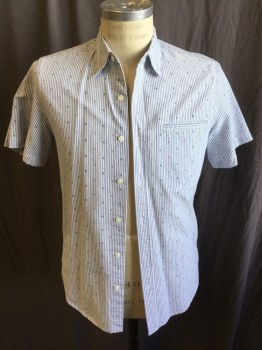 TOPMAN, White, Blue, Red, Cotton, Stripes - Vertical , Diamonds, Collar Attached, Button Down, Button Front, 1 Pocket, Short Sleeves, Curved Hem