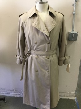 Mens, Coat, Trenchcoat, N/L, Khaki Brown, Polyester, Acrylic, Solid, 42, Double Breasted, Collar Attached, 2 Pockets, Self Belt, Epaulets, Removable Liner, 2PC