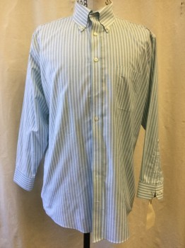 STAFFORD, Turquoise Blue, White, Poly/Cotton, Stripes - Vertical , Button Down Collar, Long Sleeves, 1 Pocket,