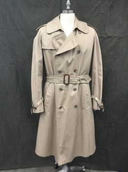 Mens, Coat, Trenchcoat, DREWSS BOCAJ, Khaki Brown, Poly/Cotton, Solid, 44, Double Breasted, Wide Collar Attached, Wide Notched Lapel, 2 Pockets, Raglan Long Sleeves, Epaulets, Tab Panel Vent Right Shoulder, Belted Cuffs with Belt Loops, Back Vent, Self Belt with Buckle, Belt Loops, Slit Center Back with Under Flap, Snap Detachable Burberry Plaid Lining