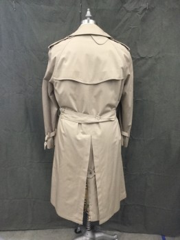 Mens, Coat, Trenchcoat, DREWSS BOCAJ, Khaki Brown, Poly/Cotton, Solid, 44, Double Breasted, Wide Collar Attached, Wide Notched Lapel, 2 Pockets, Raglan Long Sleeves, Epaulets, Tab Panel Vent Right Shoulder, Belted Cuffs with Belt Loops, Back Vent, Self Belt with Buckle, Belt Loops, Slit Center Back with Under Flap, Snap Detachable Burberry Plaid Lining