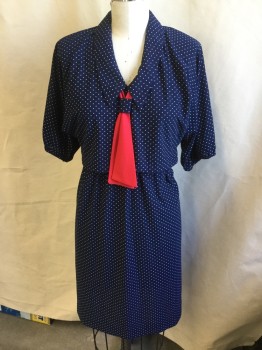 LADY CAROL PETITES , Navy Blue, White, Polyester, Polka Dots, V-neck with Collar Attached and RED Neck Tie, Short Sleeves with Thin Elastic Cuff, Stretched Out Elastic Waist,  Slit Back Center Skirt Bottom