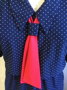LADY CAROL PETITES , Navy Blue, White, Polyester, Polka Dots, V-neck with Collar Attached and RED Neck Tie, Short Sleeves with Thin Elastic Cuff, Stretched Out Elastic Waist,  Slit Back Center Skirt Bottom