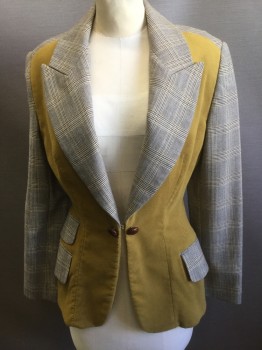 BYRON LARS, Mustard Yellow, Navy Blue, Black, White, Wool, Glen Plaid, Mustard Flannel Body, Plaid Peaked Lapel/ Sleeves/ Pockets Flaps and Back, Hook and Eye Closure with Two Brown Buttons
