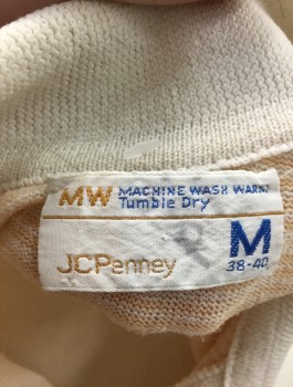 JC PENNEY, Peach Orange, Off White, Nylon, Stripes - Horizontal , Knit, Horizontal Stripes of Varying Widths, Solid Off White C.A. & Placket, 3 Btn, S/S