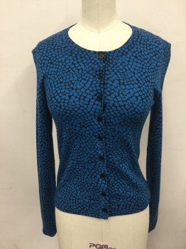 Womens, Sweater, DVF, Blue, Black, Wool, Abstract , P, Pebble Pattern, Button Front, Ribbed Knit Collar