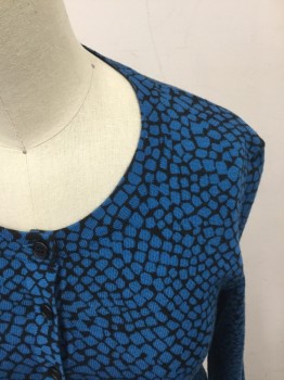 Womens, Sweater, DVF, Blue, Black, Wool, Abstract , P, Pebble Pattern, Button Front, Ribbed Knit Collar