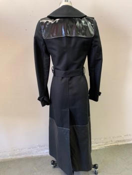 BALENCIAGA, Black, Cotton, Faux Leather, Solid, Heavy Twill with Patent Pleather Accents at Shoulders, Double Breasted with Black and Gold Faceted Buttons, Collar Attached, Pleather Panel at Hem, Ankle Length, Epaulets, 2 Pockets, **With Matching Belt