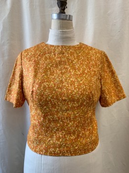 Womens, Blouse, NL, Ochre Brown-Yellow, Red-Orange, Off White, Dijon Yellow, Pink, Rayon, Abstract , B: 40, Jewel Neckline, Short Sleeves, Zip Back
