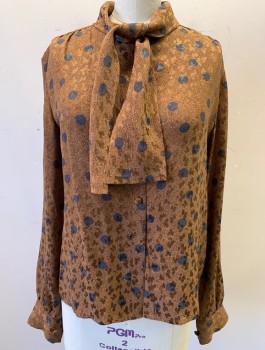 Womens, 1980s Vintage, Top, ADOLFO, Brown, Black, Silk, Abstract , Circles, B:34, L/S, Button Front, Self Bow Ties At Neck, Gathered Shoulders, Has Matching Skirt (CF017334)