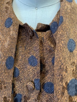 ADOLFO, Brown, Black, Silk, Abstract , Circles, L/S, Button Front, Self Bow Ties At Neck, Gathered Shoulders, Has Matching Skirt (CF017334)