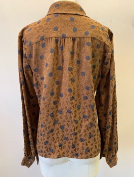 Womens, 1980s Vintage, Top, ADOLFO, Brown, Black, Silk, Abstract , Circles, B:34, L/S, Button Front, Self Bow Ties At Neck, Gathered Shoulders, Has Matching Skirt (CF017334)