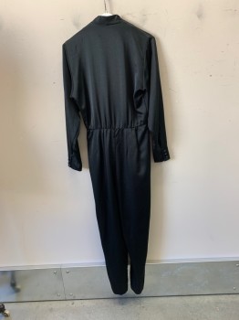 Womens, Jumpsuit, LIZ CLAIBORNE, Black, Polyester, Solid, 6, Shawl Collar, L/S, Zip Fly, 2 Pockets, Hook & Eyes at Waistband, Pleated