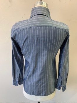Womens, Blouse, LAFAYETTE 148, Slate Blue, White, Cotton, Silk, Stripes - Vertical , B36, Long Sleeves,  Overall Sheen, C.A., 2 Button Collar **Small Oil Stains
