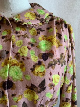 Womens, Blouse, ERIC WINTERLING, Mauve Purple, Yellow, Dk Brown, Lime Green, Polyester, Floral, B32, Peter Pan Collar with Ruffle Trim, Button Front, Pleated Waist, Long Sleeves with Ruffle Trim, Button Cuffs