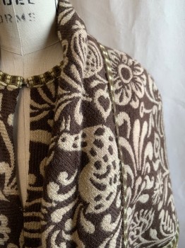Womens, Cape/Poncho, N/L, Coffee Brown, Olive Green, Tan Brown, Wool, Floral, Animal Print, S/M, No Collar, Neck Tie, Knitted Fringe, Hook & Eyes