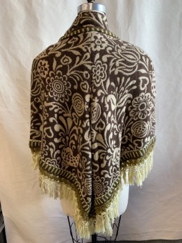 Womens, Cape/Poncho, N/L, Coffee Brown, Olive Green, Tan Brown, Wool, Floral, Animal Print, S/M, No Collar, Neck Tie, Knitted Fringe, Hook & Eyes