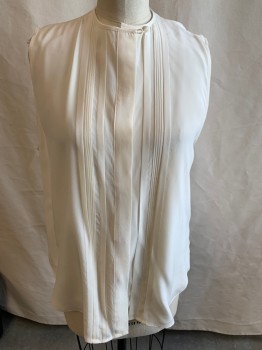Womens, Blouse, EQUIPMENT, Ivory White, Silk, Poly/Nylon, Solid, L, Circle Neck Line , Sleeveless, Pleated Front Button Front Placket  & Back Pleated