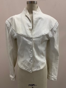 Womens, Leather Jacket, EL VENADO, White, Leather, Nylon, Solid, B32, S, L/S, Snap Button Front, High Collar, Shoulder Pads