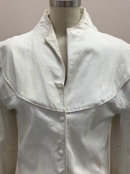 Womens, Leather Jacket, EL VENADO, White, Leather, Nylon, Solid, B32, S, L/S, Snap Button Front, High Collar, Shoulder Pads