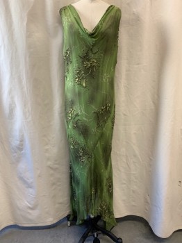FOX911, Green, Lt Green, Olive Green, Polyester, Abstract , Cowl Neckline, Sleeveless, Olive Green Spray Paint-Like Areas, Lt Green Crack Pattern, Beaded Flowers, Low Cowl Back, Hem Shorter at Center and Longer at Outer Sides