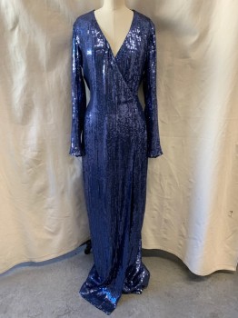Womens, Evening Gown, DVF, Navy Blue, Silk, Polyester, W 28, 6 B 34, H36, Wrap Around Dress, V-neck, All Over Sequins, Long Sleeves, Tie Back, Floor Length